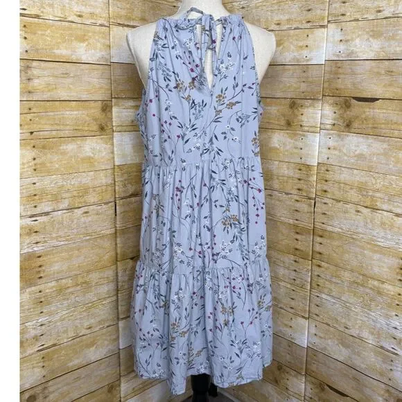 A NEW DAY BLUE FLORAL HALTER TIERED BABYDOLL MINI DRESS BOHO BOTANICAL SZ. LRG - Picture 3 of 3